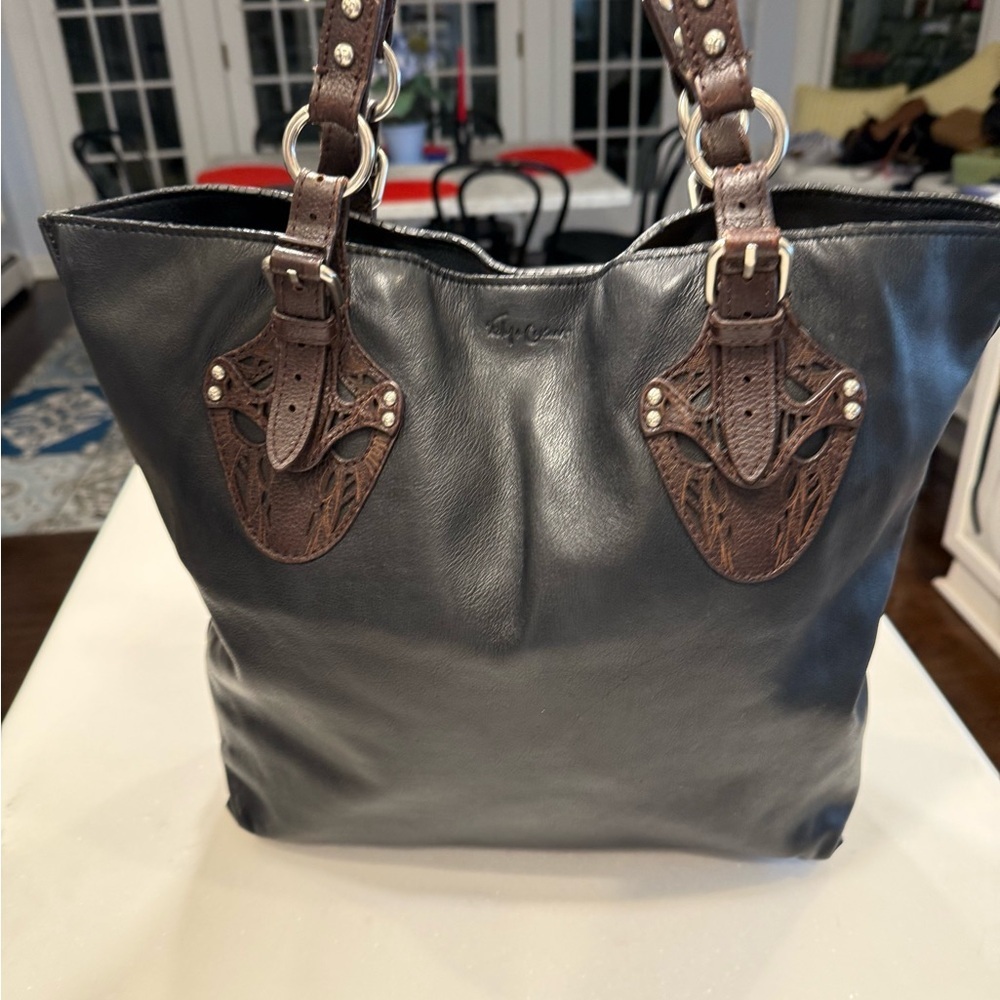 Foley + Corinna Black Leather Large Tote Bag Silver Hardware Brown Accents EUC - Picture 3 of 14